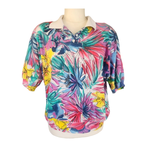 Vintage Cherry Hill Bright Floral Collared 1/4 Button Knit Top Size Large - Picture 1 of 7